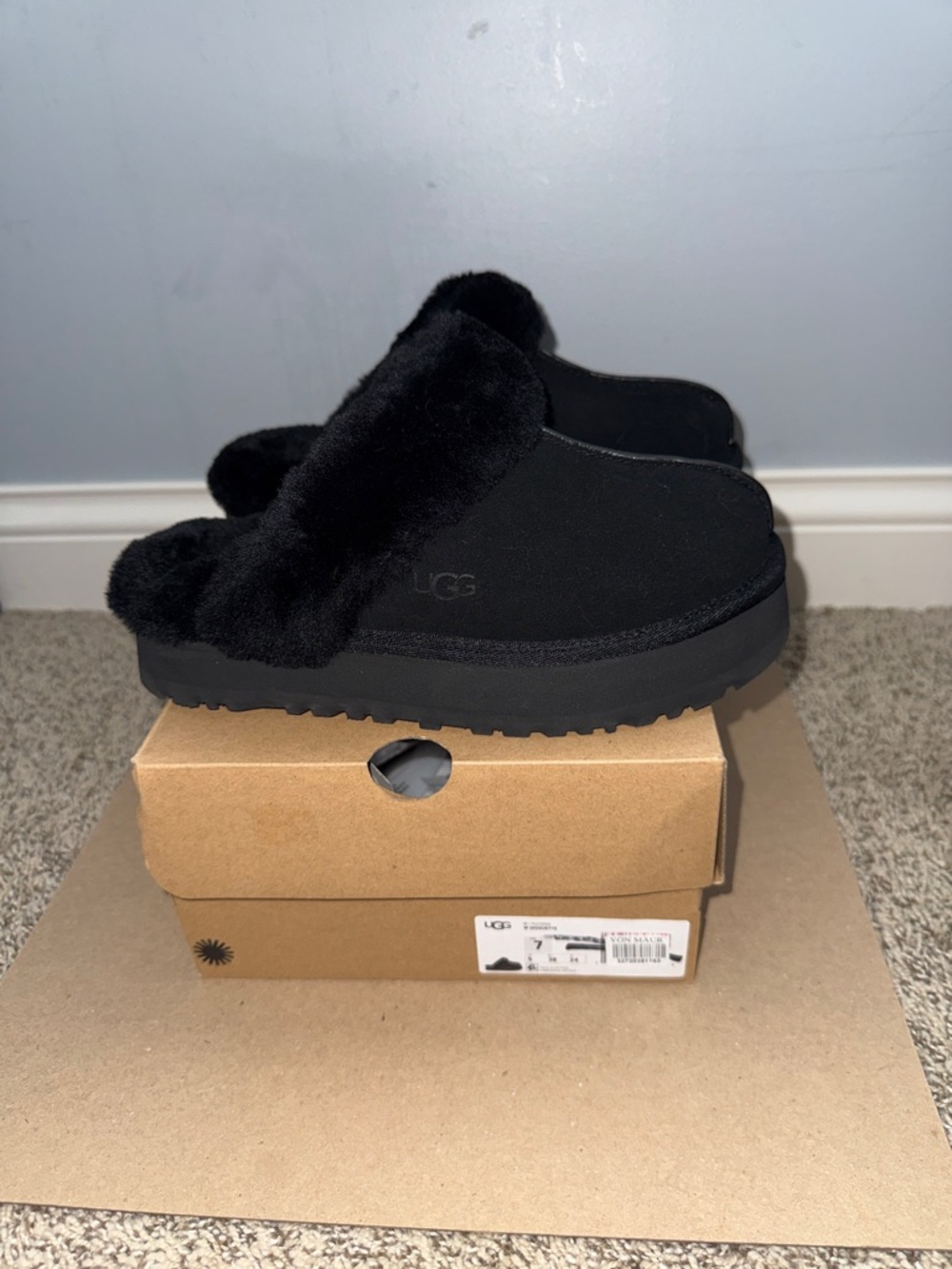 UGG Black Fur-Trim Slide Clog